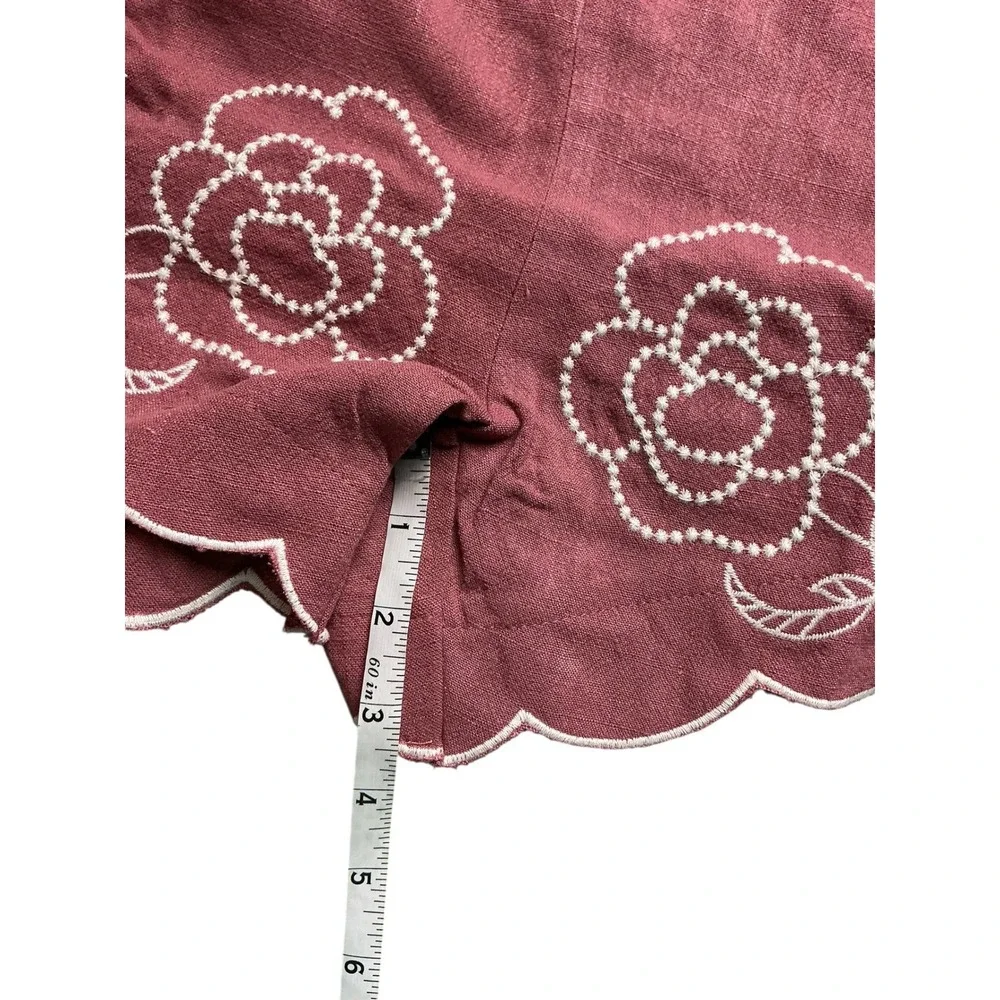 Dusty Rose Floral Embroidered Scalloped Hem Linen Blend Shorts Womens XL - Picture 7 of 15